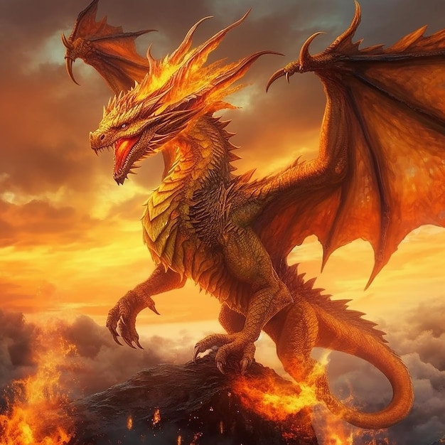 Dragon on a mountain with fire in the sky