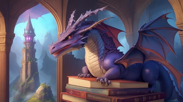 Dragon Perched atop the Magical Library