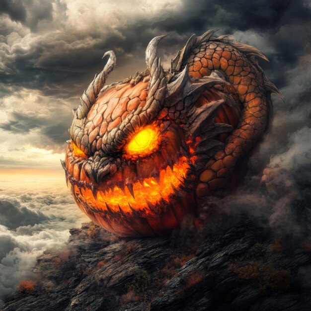 Photo a dragon pumpkin monster rising from a volcanic mountain