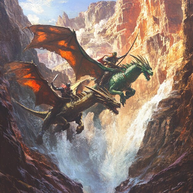 Photo dragon riders racing through a canyon of geysers dragons dodging hot sprays