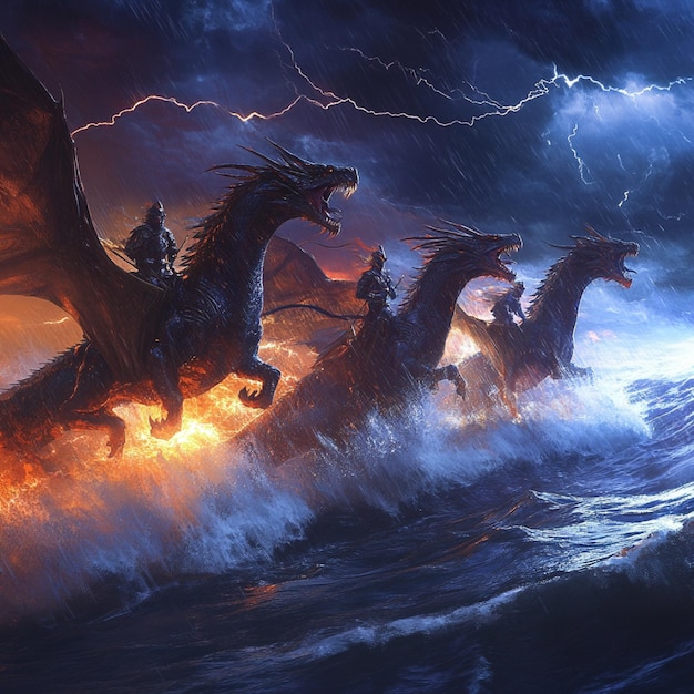 Photo dragon riders racing through a thunderstorm dragons absorbing lightning strikes