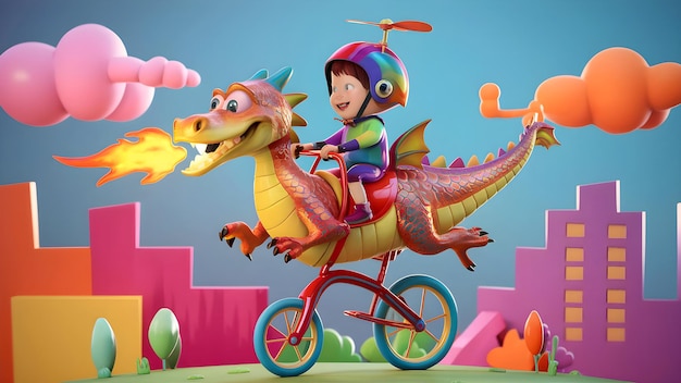 Dragon Riding Bicycle with Bag Backpack Funny Dragon Cartoon Animation Wallpaper Background Image