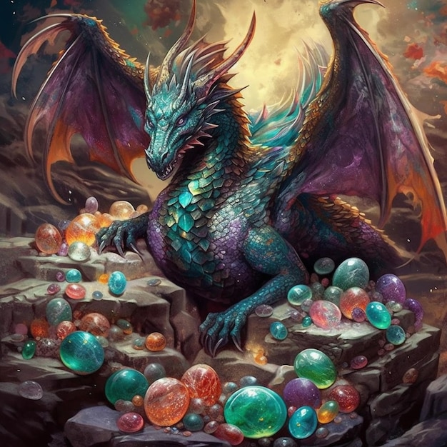 Dragon on a rock with many eggs