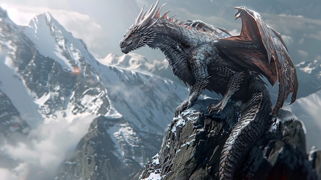 dragon on a rock with mountains in the background