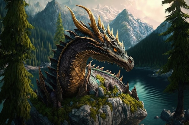 A dragon on a rock with mountains in the background