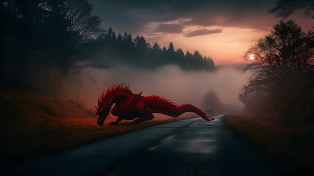 A dragon running down a road in the fog