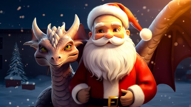 Dragon and santa clause standing next to each other in front of night sky Generative AI