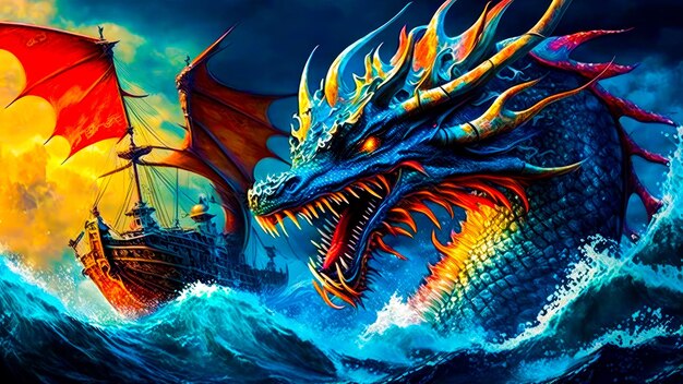 Dragon and ship in the ocean Fantasy Generative AI