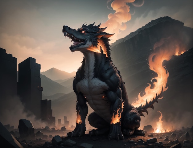 A dragon sits in front of a burning city.