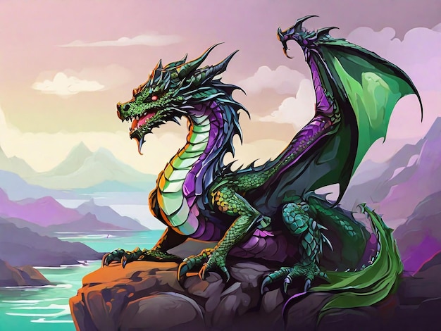 a dragon sits on a rock with mountains in the background