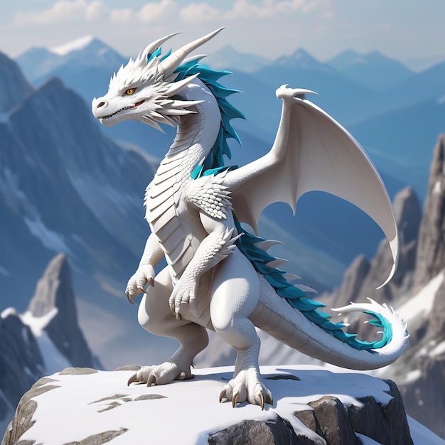 a dragon statue on a mountain with mountains in the background