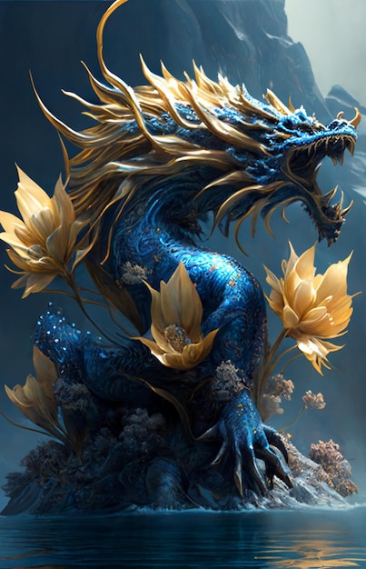 Dragon statue sitting on top of a body of water generative ai