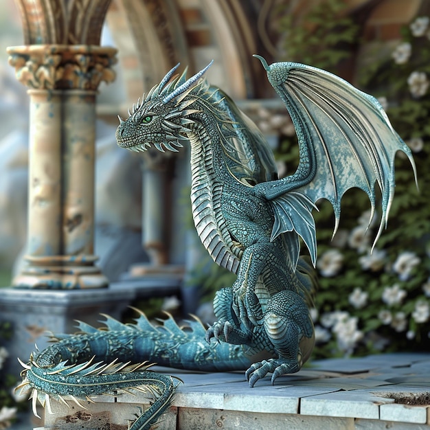 Photo a dragon statue with a dragon on it sits on a stone surface