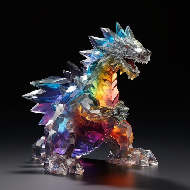 A dragon statue with a rainbow colored mane and tail.