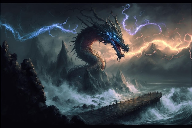 A dragon on a stormy night with lightning and a dark sky.