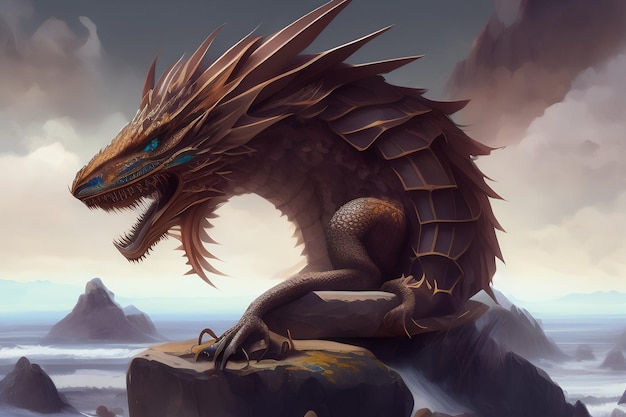 A dragon that is sitting on a rock.