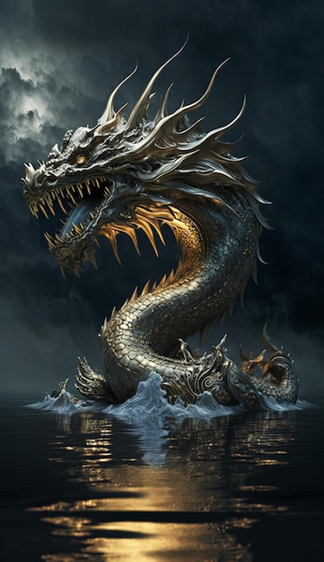 Dragon in the water with a dark sky behind it