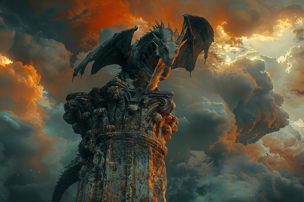 A dragon with bat wings is perched on the top of an ancient weathered statue against a dramatic sky