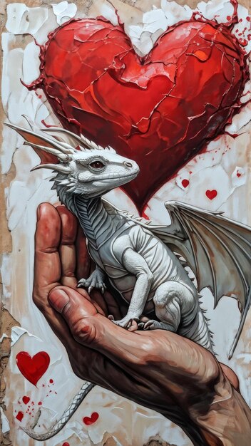 a dragon with blood on its hand is holding a heart shaped heart