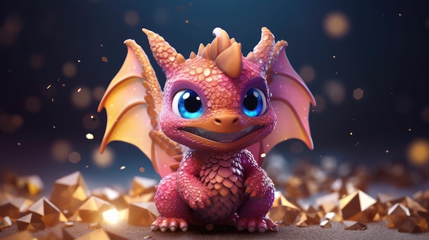 A dragon with a blue eye sits on gold coins.