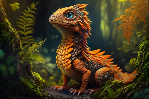 A dragon with blue eyes sits in a forest AI Generated Illustration