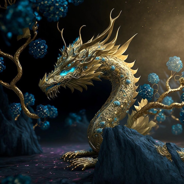 A dragon with blue eyes sits on a rock surrounded by flowers.