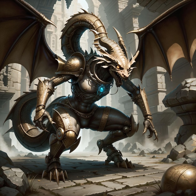 A dragon with a blue face is standing on a stone floor.