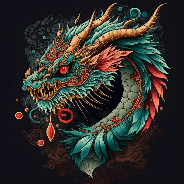 A dragon with a blue face and red eyes.