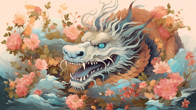 A dragon with a blue face and a yellow face is surrounded by flowers.