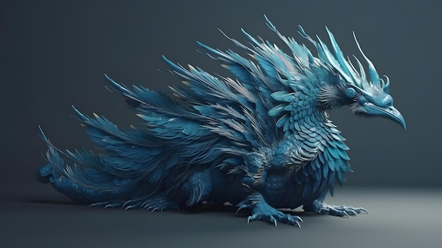 A dragon with blue feathers and a large head.