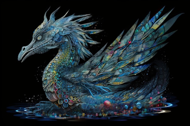 A dragon with a blue and green body and a green body is sitting in the water.