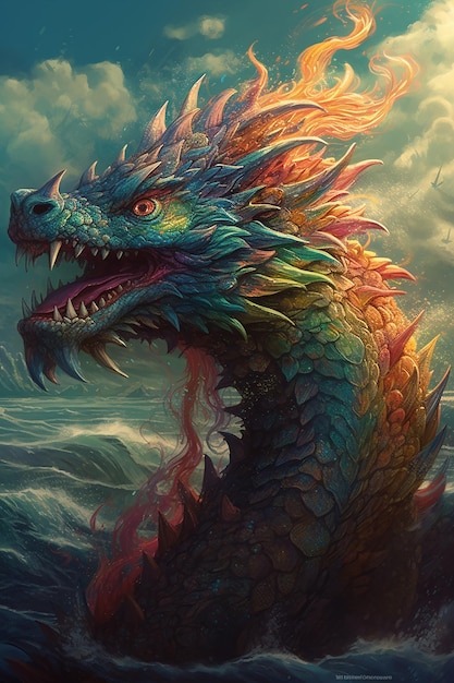 A dragon with a blue and green head and a blue body is surrounded by waves.