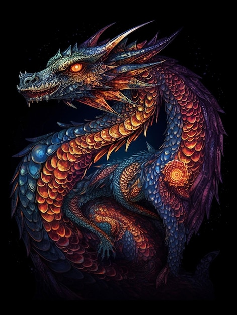 A dragon with blue and orange colors and the word fire on it