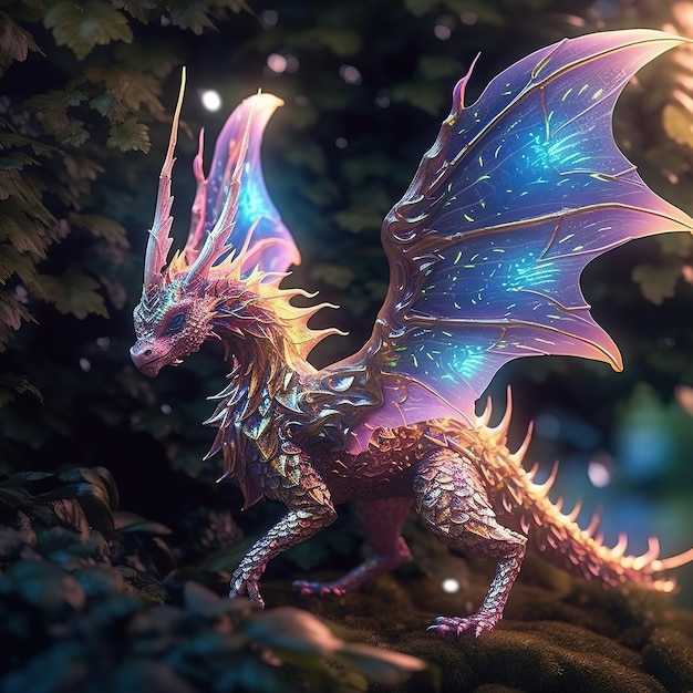 A dragon with a blue and purple tail and a purple tail.