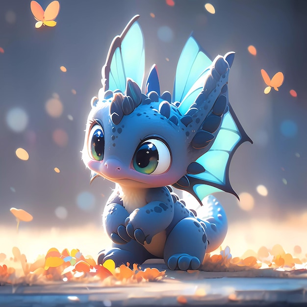 a dragon with a blue wings sits on a table with leaves and butterflies