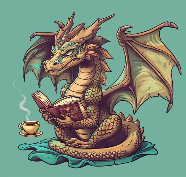 Photo a dragon with a book and a cup of tea