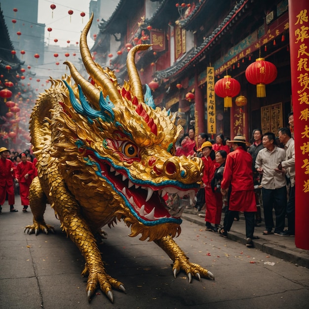 a dragon with chinese symbols on it is walking down a street