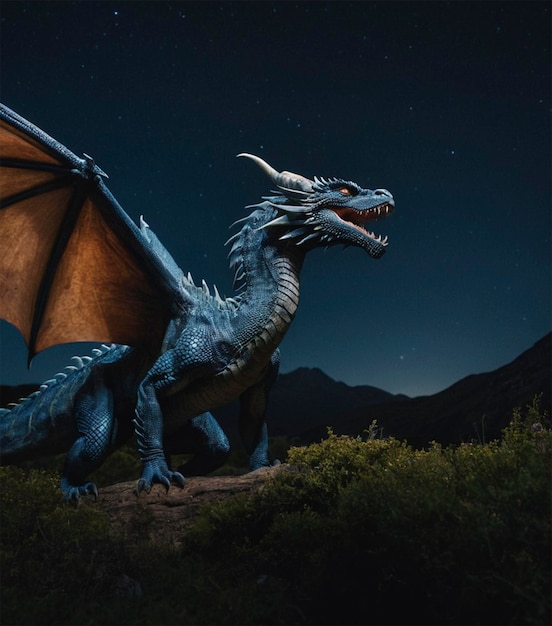 Photo a dragon with a dark background with a starry sky behind it