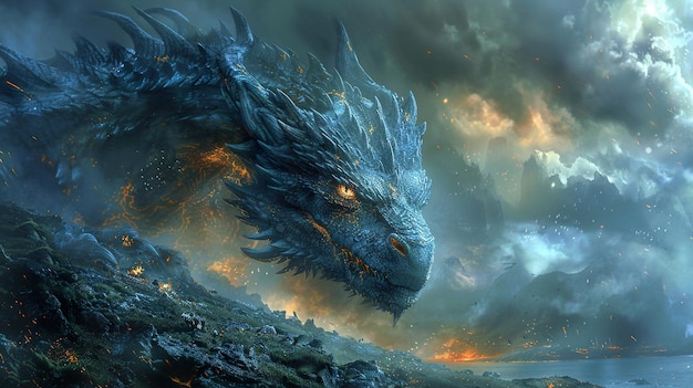 a dragon with a dragon on the face and the sky behind it