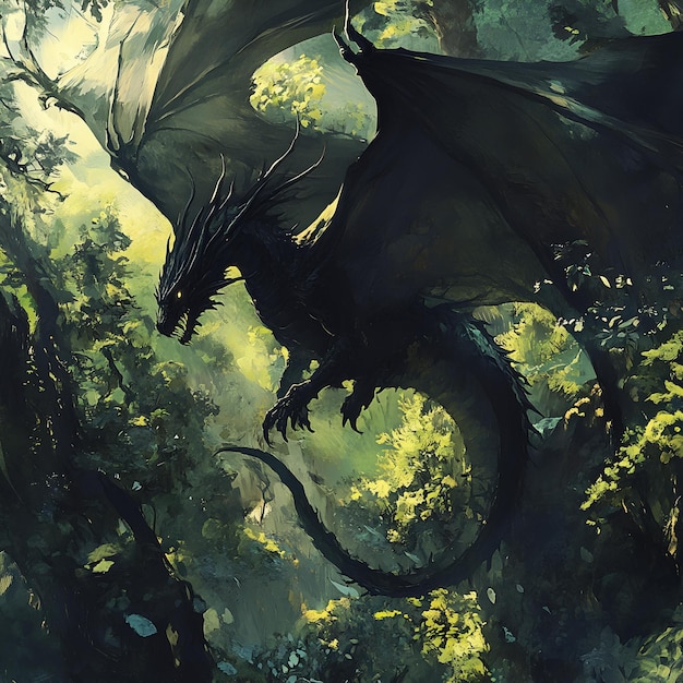 Photo a dragon with a dragon on his back is flying through the forest