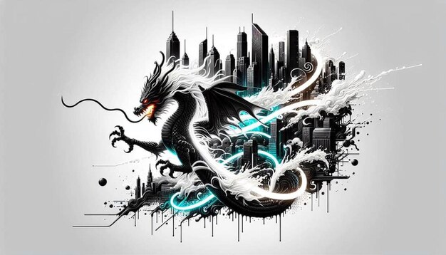 Photo a dragon with a dragon on it and a city in the background