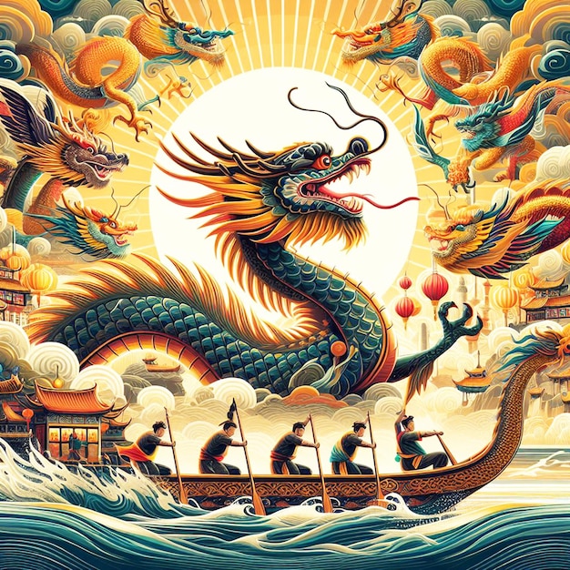 a dragon with a dragon on it is in a boat with people in the water