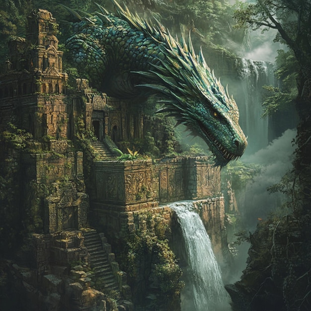 a dragon with a dragon on it is on a waterfall