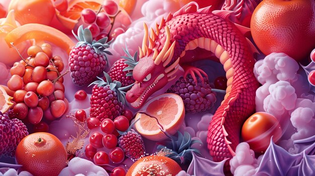 a dragon with a dragon on it sits in a bowl of fruit