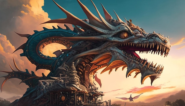 a dragon with a dragon on it and a train in the background