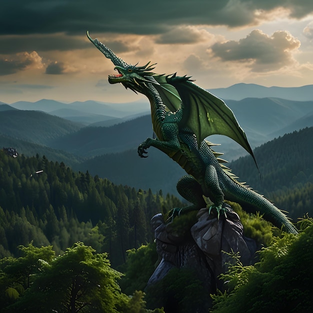 Photo a dragon with a dragon on its head is in the mountains