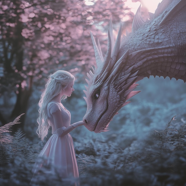 Dragon with elegant girl cottoncandy skies soft light iridescent scales