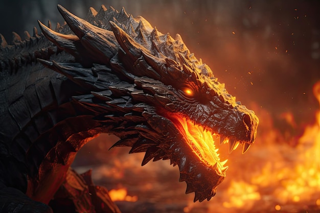 A dragon with fire on its head in flames