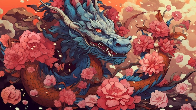 A dragon with a flowery background