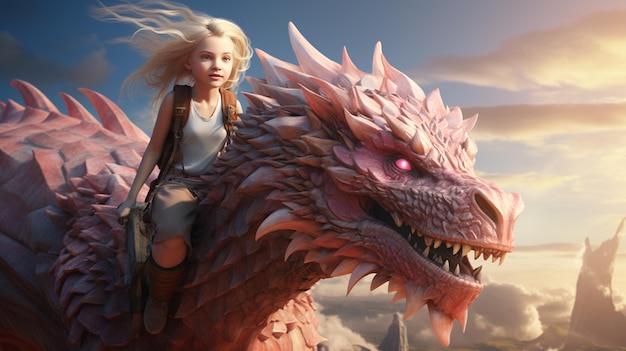 Dragon with a girl with long wavy blonde hair Ai generated art